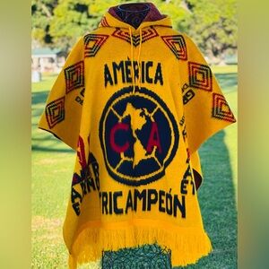 Club America alpaca wool poncho, unisex one size,hooded. Made in Ecuador
